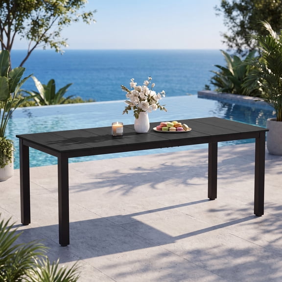 SERWALL 75" HDPE Outdoor Dining Table for 4-8 People, Rectangular All Weather Patio Table with Umbrella Hole for Backyard, Garden and Poolside - Black