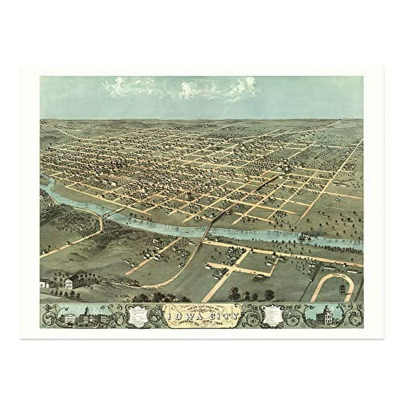 HISTORIX Vintage 1868 Iowa City Map - 18x24 Inch Bird's Eye View History Map of Iowa Poster - Old Iowa City Johnson County Iowa Map Poster Print
