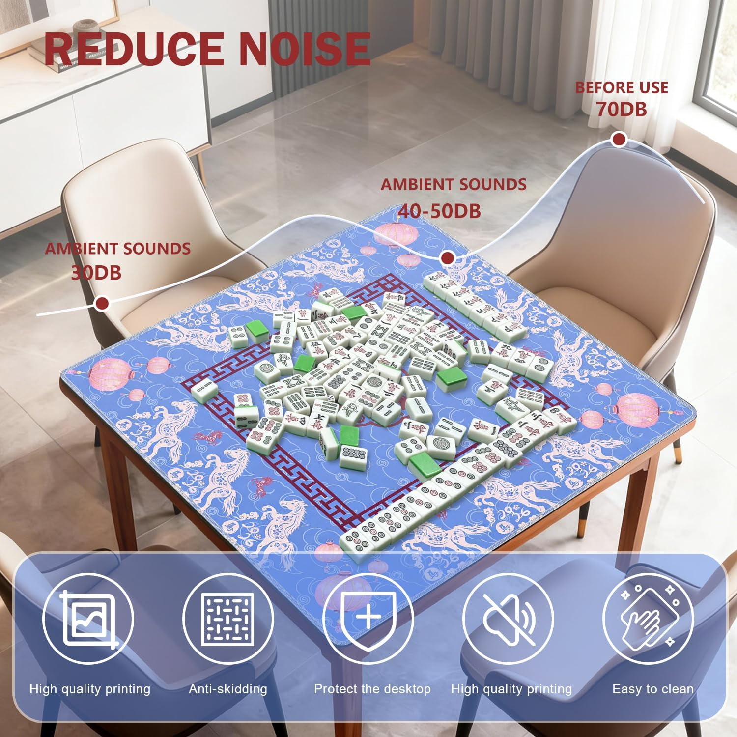 Blue Chinoiserie Horse Lantern Mahjong Mat for Table 31.5 x 31.5 in, Blue and Red Traditional Oriental Horse Non-Slip Noise Reduction Game Table Cover for American Mahjong Card Board Tile Games