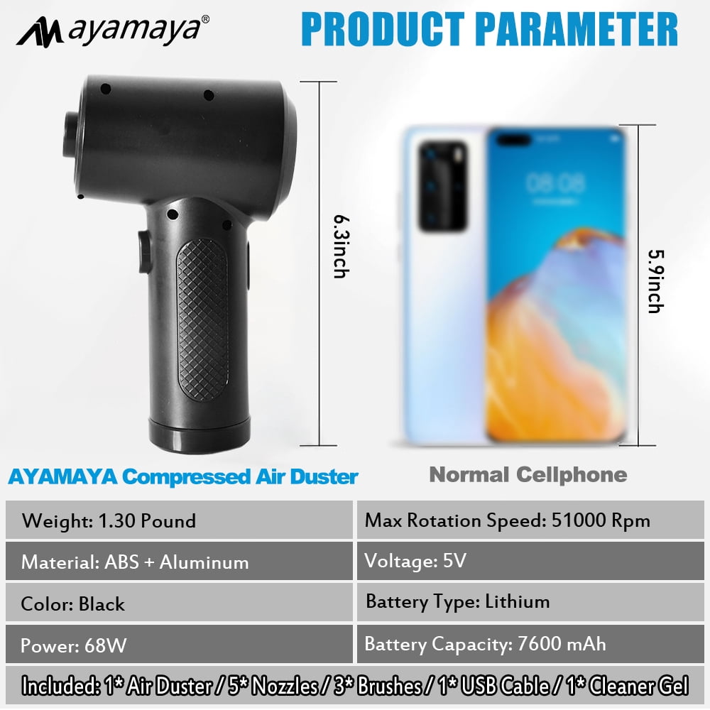 AYAMAYA Compressed Air Duster with 3 Speed Mode, USB Type-C Rechargeable Wireless Keyboard Handheld Cleaner for Office Computer