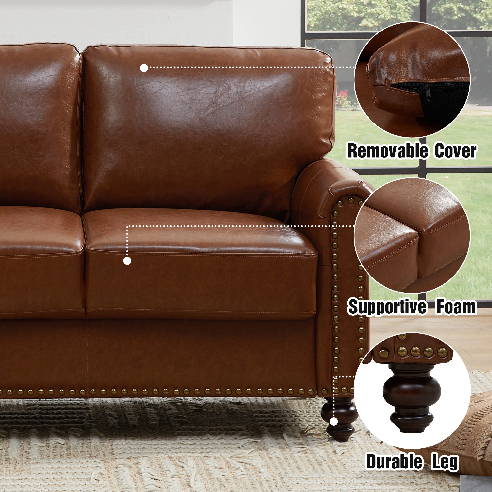 LeChapitre Traditional Faux Leather Sofa with Nailhead Accent, 3