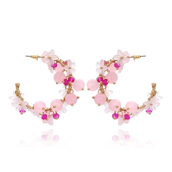 Flower Ball Beads Hoop Earrings Wreath for Women,Crystal Beaded Hoop Circle Oversized Kawaii Colorful Earrings,Spring Summer Floral Colorful Earrings,Fashion Hawaiian Boho Cute Jewelry,pink