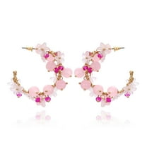 Flower Ball Beads Hoop Earrings Wreath for Women,Crystal Beaded Hoop Circle Oversized Kawaii Colorful Earrings,Spring Summer Floral Colorful Earrings,Fashion Hawaiian Boho Cute Jewelry,pink