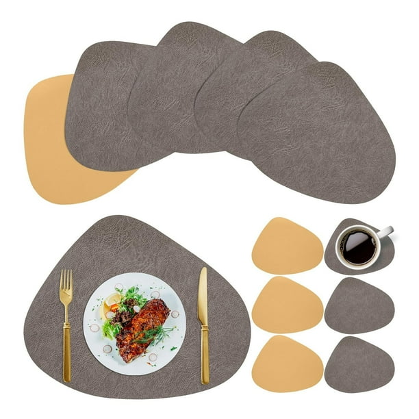 Manteles Individuales para 6 Piezas con Posavasos de Doble Cara de Cuero PU Tapete para Mesa Antideslizante y Resistente al Calor para Restaurante, Hotel, Cafetería