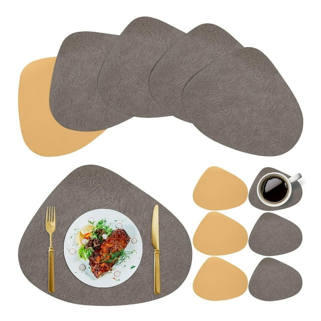 Manteles Individuales para 6 Piezas con Posavasos de Doble Cara de Cuero PU Tapete para Mesa Antideslizante y Resistente al Calor para Restaurante, Hotel, Cafetería