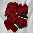 thumbnail image 5 of Rotm 5PC Cozy Pajamas Womens Pajamas Sets Silk Satin Sleepwear Sexy Lace Cami with Robe Floral Pjs Pants Set Loungewear Wine,2XL, 5 of 6