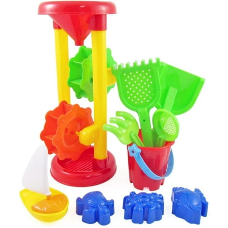 Gold Toy Double Sand Wheel Beach Toy Set for Kids with Bucket Shovels Rakes Sailboat & 3 Shape Molds