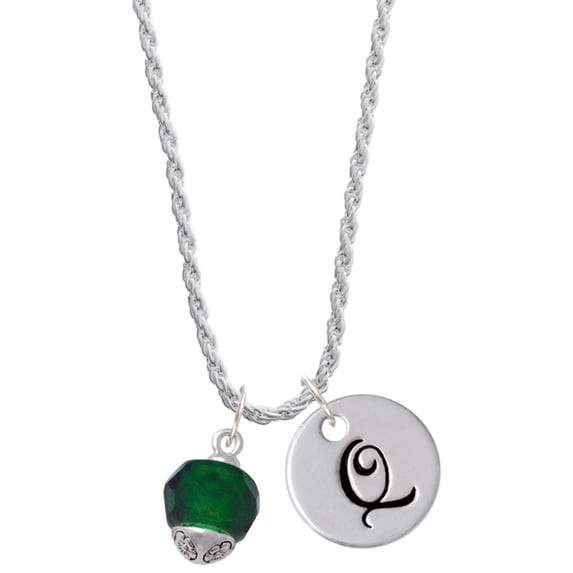 Delight Jewelry 12mm Faceted Green Glass Spinner Silvertone Script Initial Disc - Q - Charm Necklace, 20"+3"