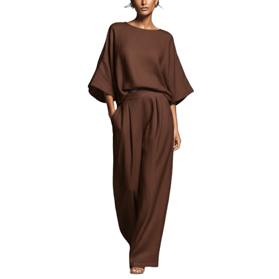 2 Piece Sets for Women Dressy Business Casual 3/4 Bell Sleeve Top & Wide Leg Pants Office Work Party Outfits (XL, Brown)