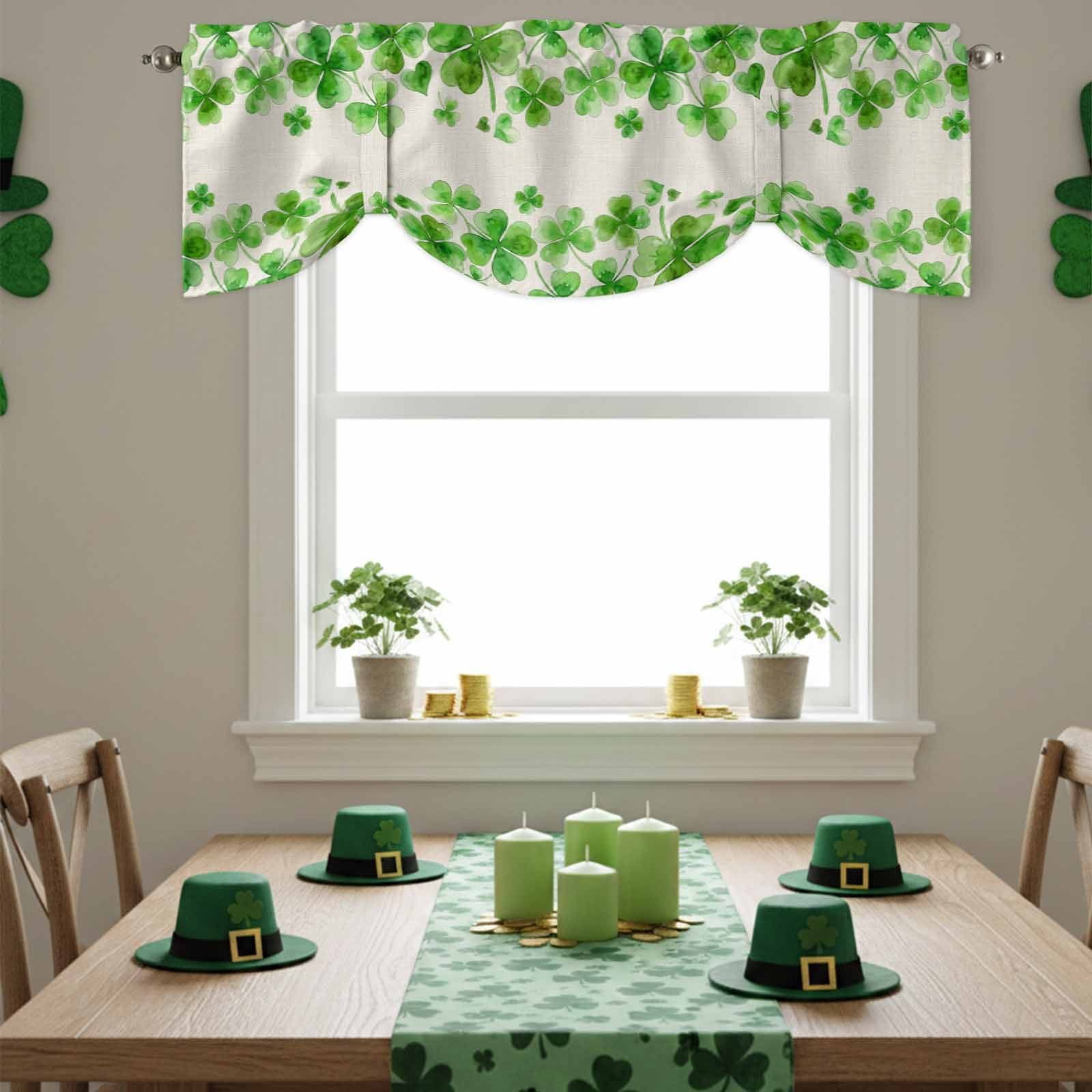 Happy St. Patrick's Day Tie Up Valances Curtain, Green Shamrock Love Art Watercolor Linen Texture Adjustable Rod Pocket Short Window Treatment Tie Up Curtains for Kitchen Living Room 60x18 In