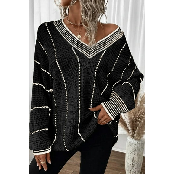 Redhotype Chic Stripe Knit Sweater - Black & Grey, Loose Fit, Trendy