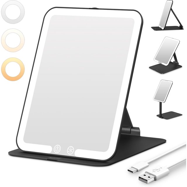 Miroir de Maquillage de Voyage Rechargeable Miroir de Maquillage Éclairé de Voyage Portable avec 3 Modes de Couleur Miroir de Meuble-Lavabo Compact Dimmable avec Écran Tactile Blanc