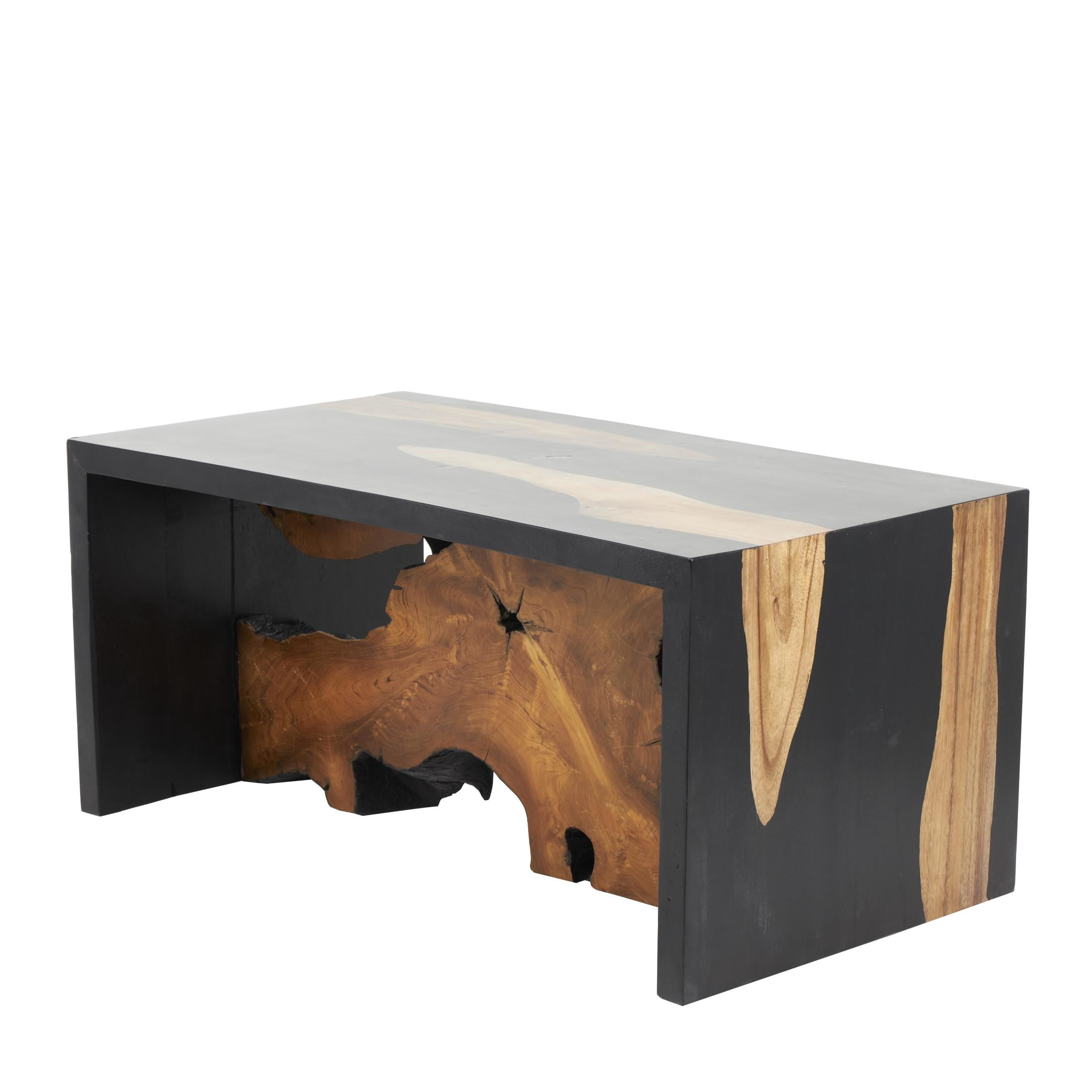 DecMode 43" x 20" Black Wood Handmade Block Coffee Table with Brown Live Edge Wood Interior, 1-Piece
