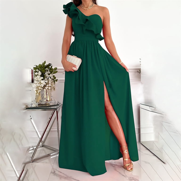 One-Shoulder Maxi Dress Sleeveless Low-slit Long Prom Dresses