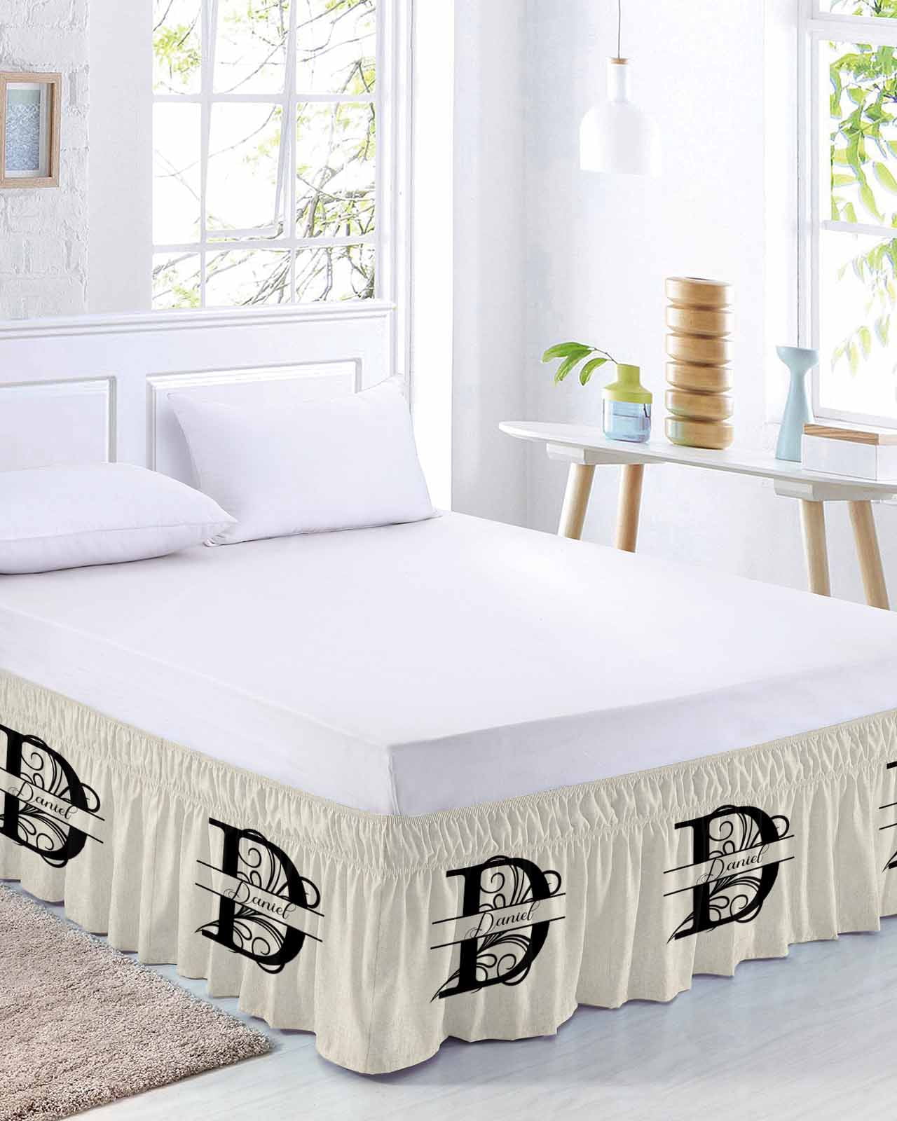 Letter D Bed Skirt Queen Size, Monogram Words Wrap Around Bed Skirting with Adjustable Elastic Strap, Dust Ruffle Pleated Bedskirts 16 Inch Drop for Bedroom Queen Beds