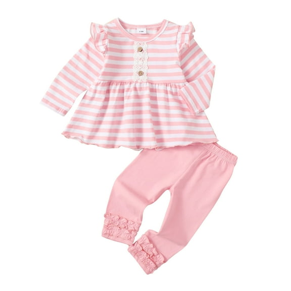 12 Months Baby Girls Clothes 18 Months Girls 2PCS Outfits Set Toddler Girls Long Sleeve Stripe Top Pants Set Pink