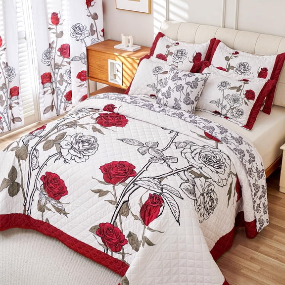 Quilt Queen Size Red Rose Bedding Set - Lightweight Reversible Bed Cover with 2 Pillow Shams for All Seasons