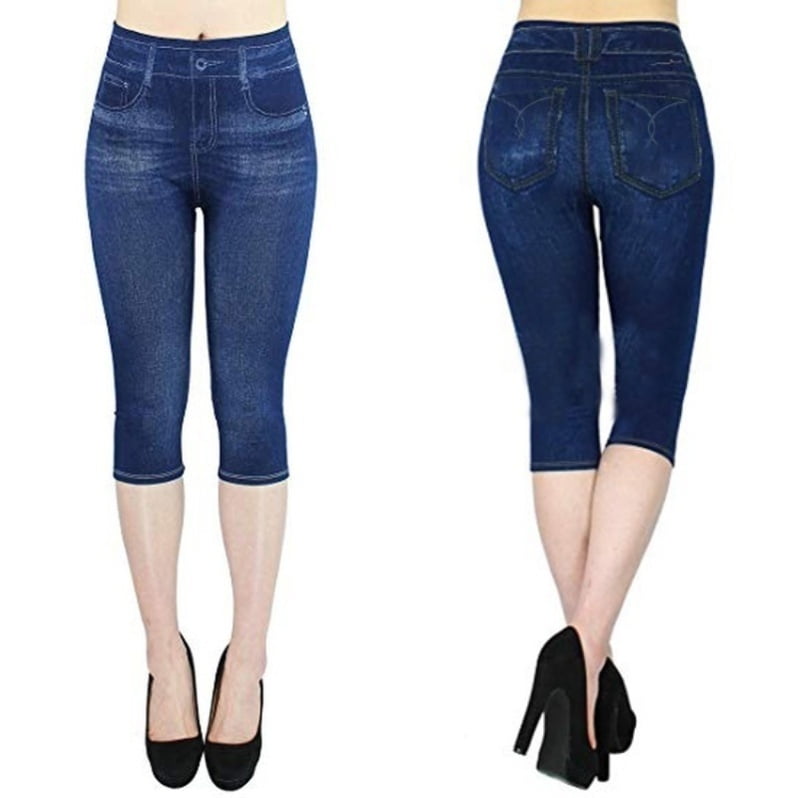 Women's Imitation Jeans Leggings Skinny Slim Capri Short Pants ...