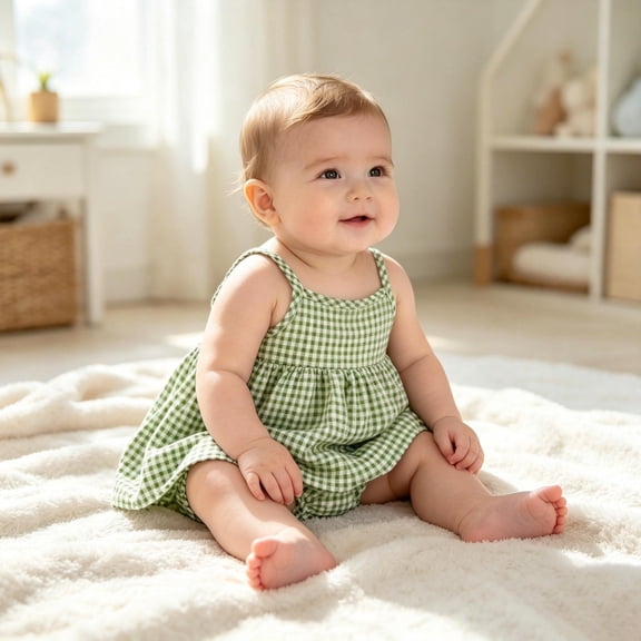 OOOUM Baby Girls Gingham Romper Dress Spaghetti Strap Flowy Sleeveless Bodysuit Summer Casual Stylish Lightweight Outfit Light Green 12-18 Months