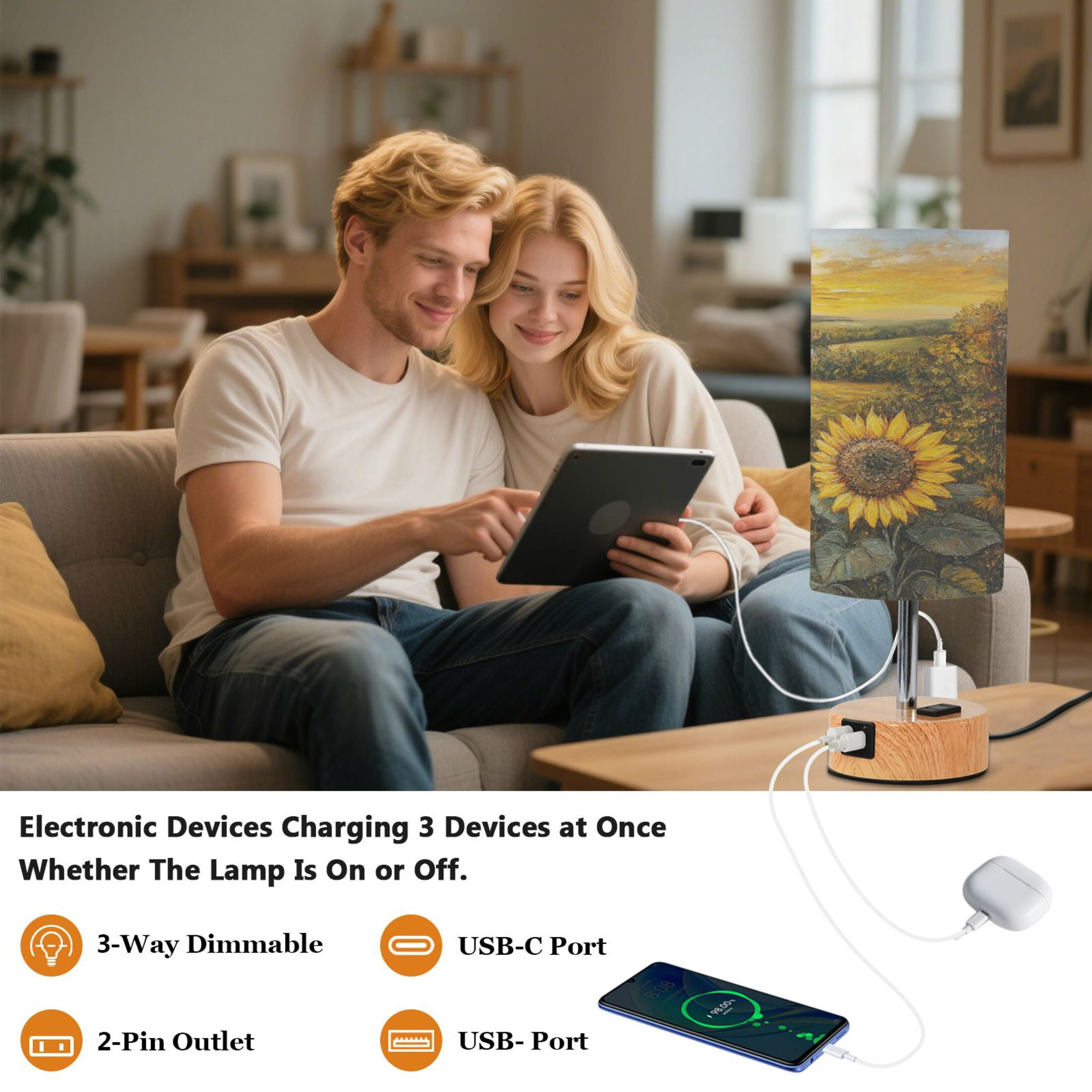 Wobogo Oil Painting Of Sunflower Bedside Lamp Touch Control Table Lamp with USB A+C Charging Ports & AC Outlet 3-Way Dimmable Nightstand Lamp with Linen Fabric Shade for Bedroom Living Room