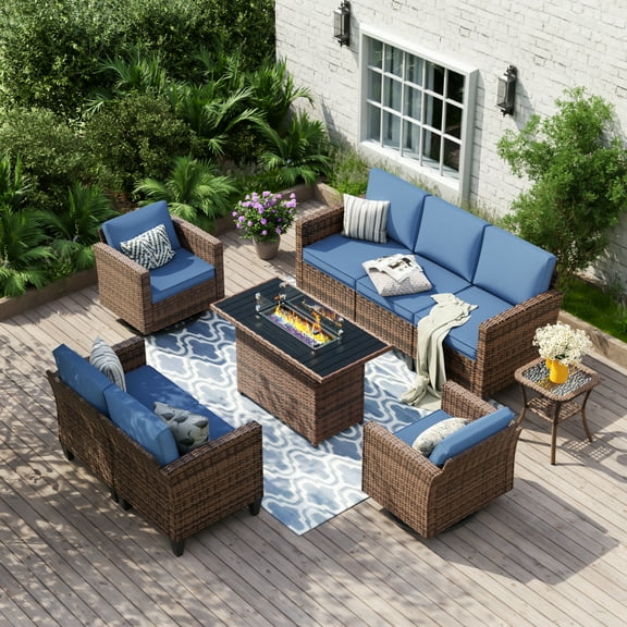 UDPATIO Patio Furniture Set, 6 Pieces Outdoor Furniture Sets with Rocking Swivel Chairs, Wicker Rattan Outdoor Conversation Set with Gas Fire Pit Table and Waterproof Covers for Backyard, Deck, Porch