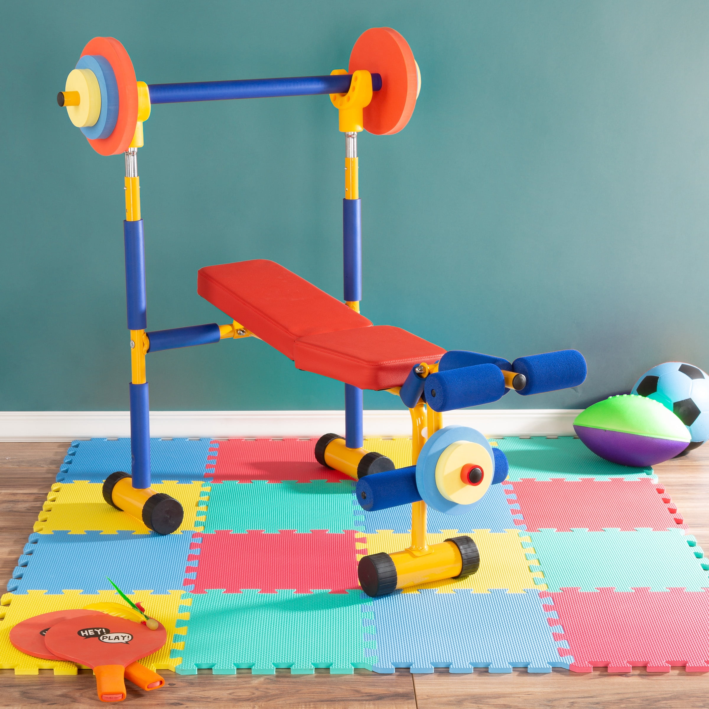 Hey Play Kids Weight Bench Set with Leg Press and Barbell for Ages 3 and Up