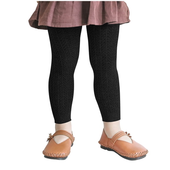 AHTJRT Girls Fleece Lined Leggings Cable Knit Non Slip Leggings Winter Thermal Knit Cotton Pantyhose Windproof Pants Trousers Black 5-6 Years