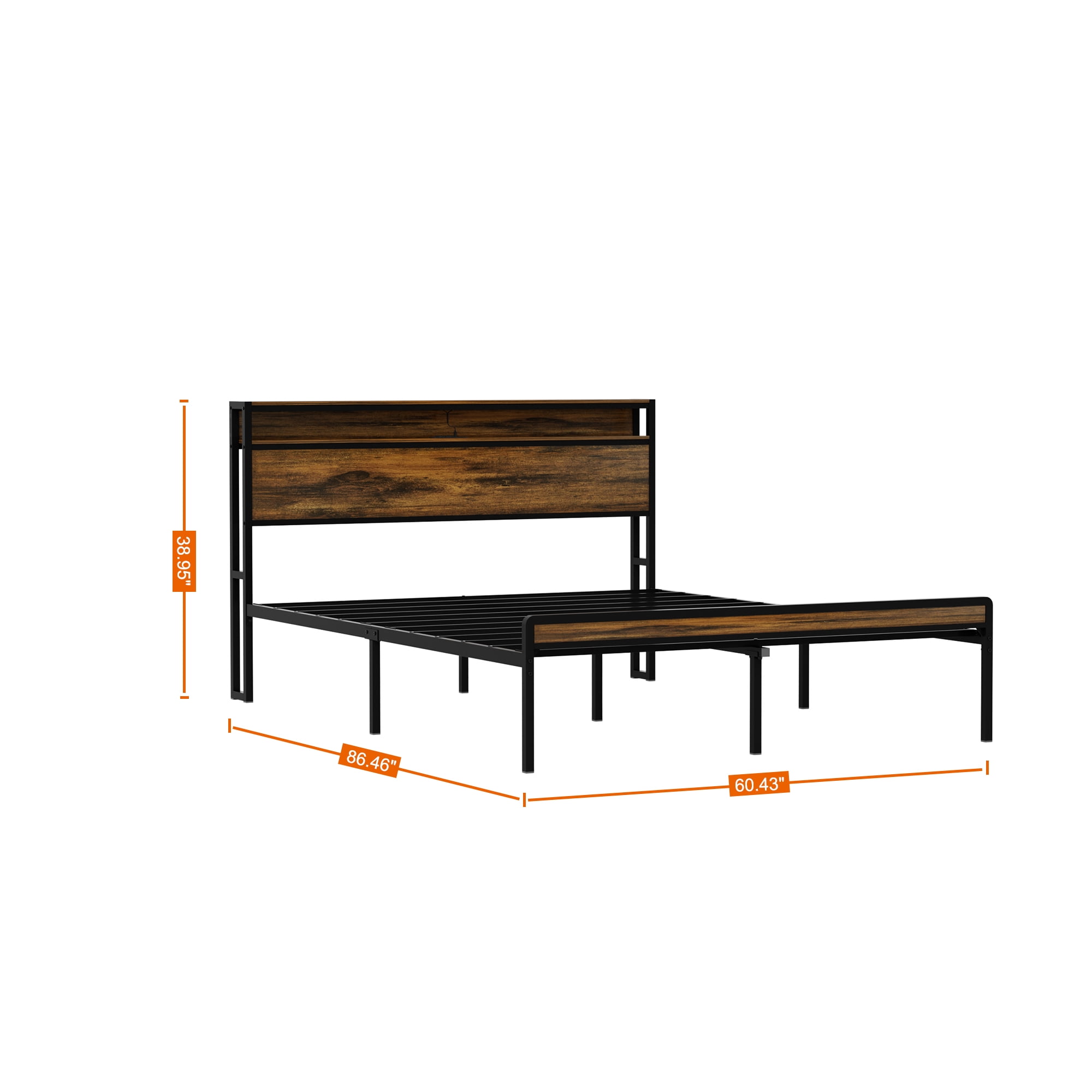 Miniyam Queen Size Bed with LED Headboard, Power Outlets and USB for Adult, Brown