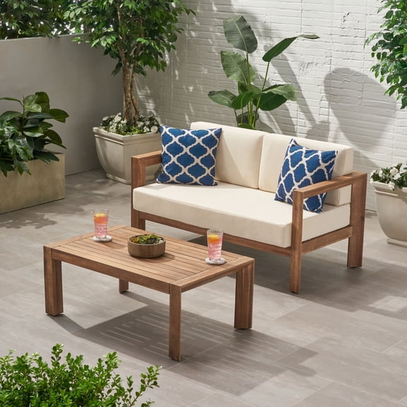 Luckynote Loveseat & Coffee Table Set, Acacia Wood Frame with Water-Resistant Cushions, Open Slat Design for Outdoor Patio, Beige Brown