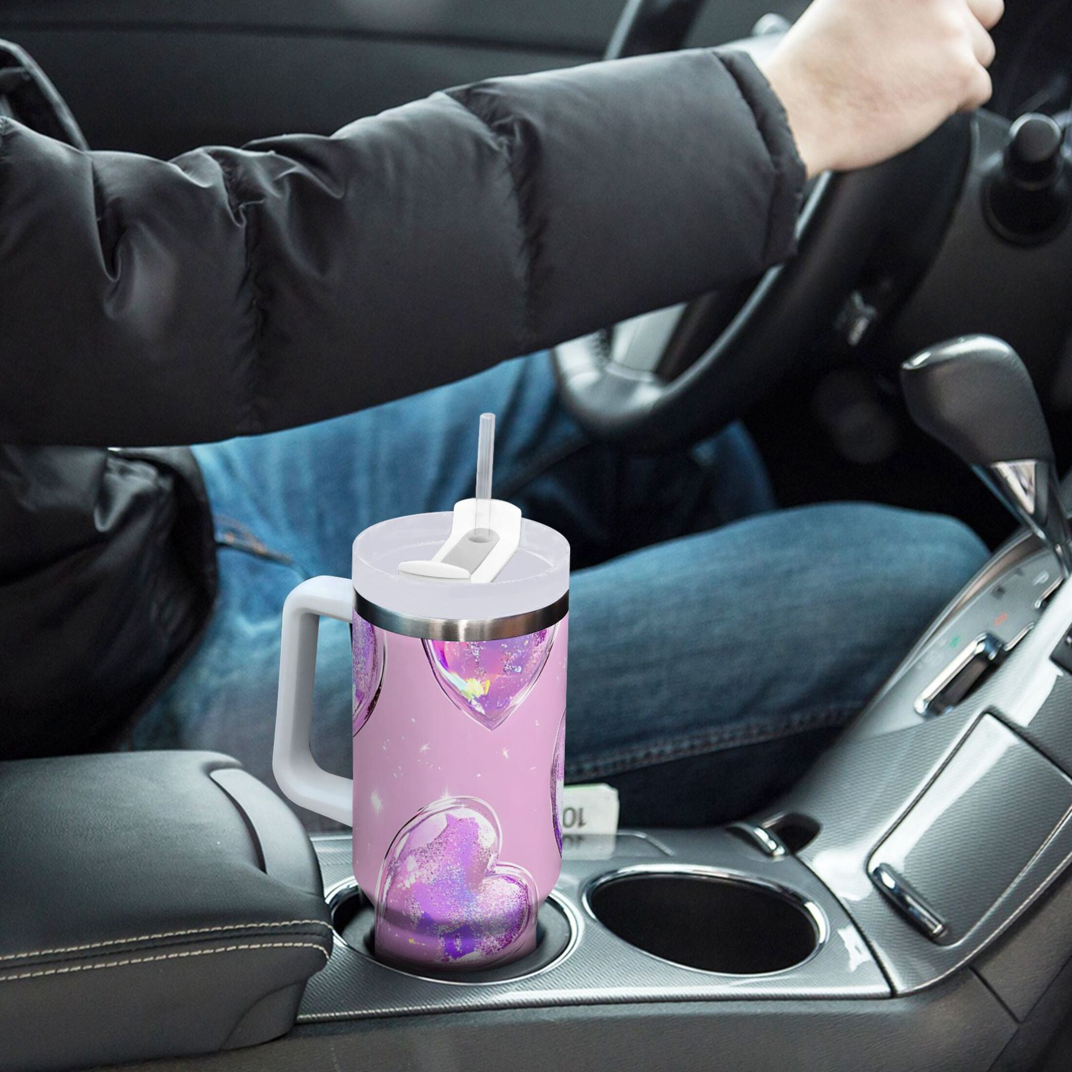 Ryvnso 40 oz Tumbler with Handle and Straw Holographic Glitter Hearts Insulated Stainless Steel Travel Mug with Lid
