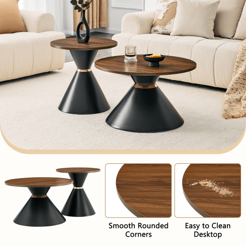 2-Piece Round Nesting Coffee Table Set, Walnut Wood Grain Tabletop with Metal Base, Mid-Century Modern Accent Tables for Living Room Bedroom, Walnut + Black