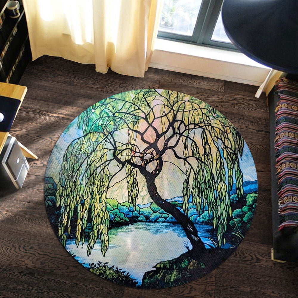 Round Area Rug, Weeping Willow Non-Slip Floor Mat, Soft Washable Carpet for Living Room Bedroom Decor 24 Inch