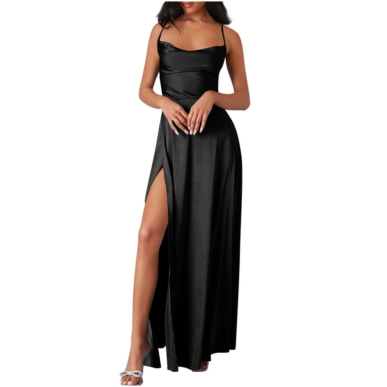TMOYZQ Women's Satin Prom Dress with Slit Long Spaghetti Strap Cowl Neck  Formal Evening Cocktails Party Gowns Wedding Guest Dresses for Women -  Walmart.com