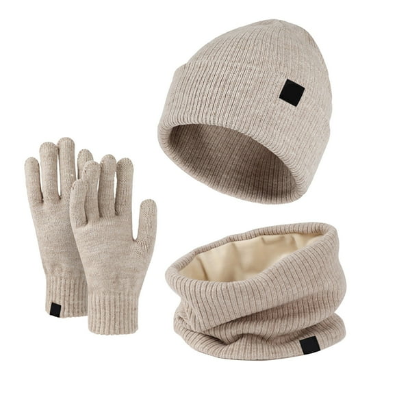 Alitao Beanie Scarf for Women Warm Cute Wool Hat Scarf Gloves Slouchy Three Pieces Winter Snow Knit Cap Screen Mittens Scarves Sets Winter Hats Gloves for Cold Weather Khaki One Size