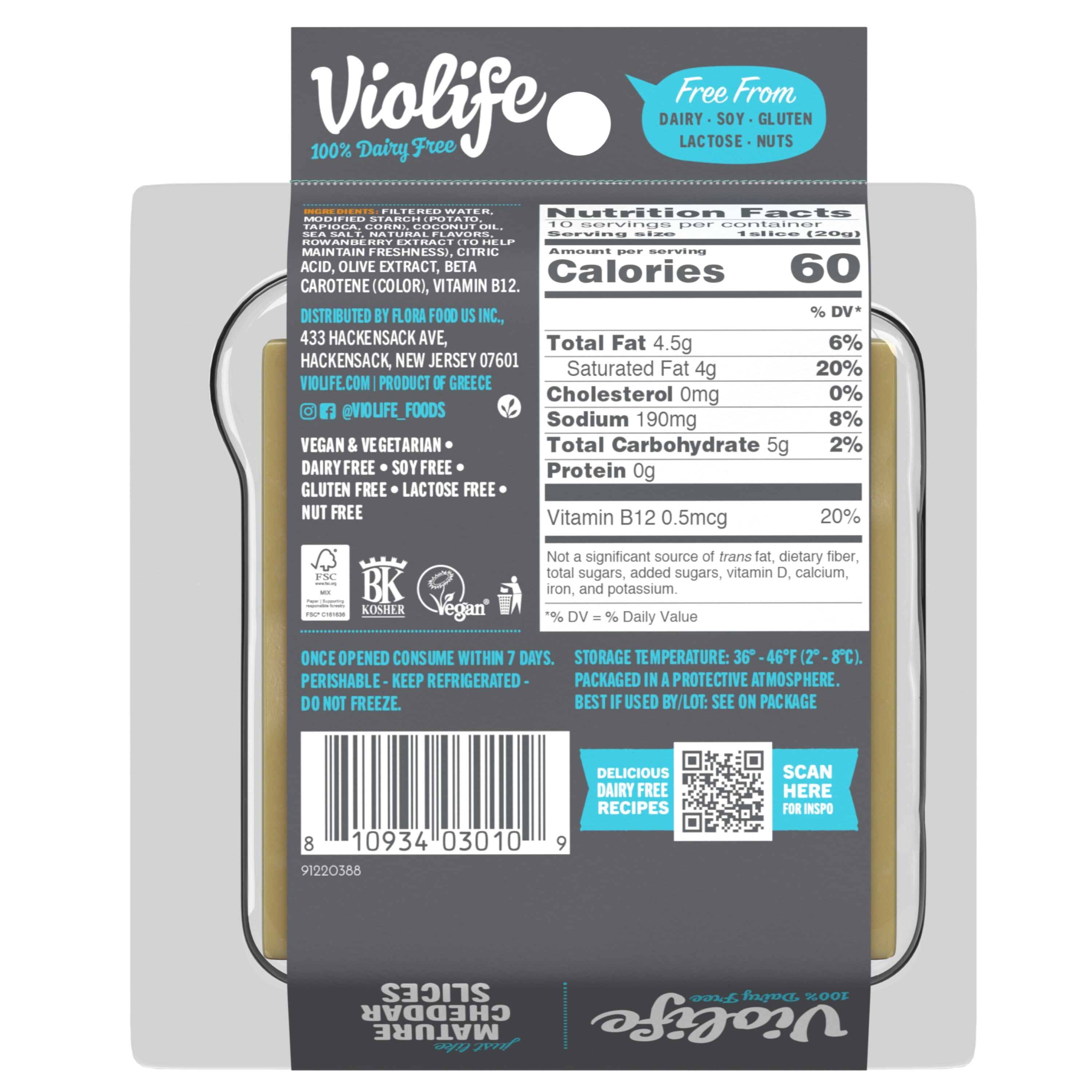 Violife Just like Mature Cheddar Slices, Dairy-Free Vegan, 7.05 oz pack (Refrigerated)