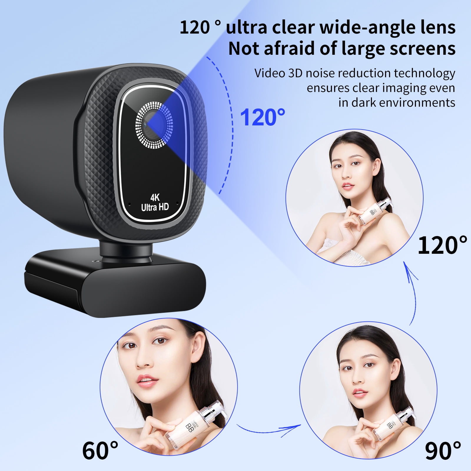 4K Webcam with Built-in Ring Light, Auto & Fixed Focus USB CMOS Camera for Live Streaming