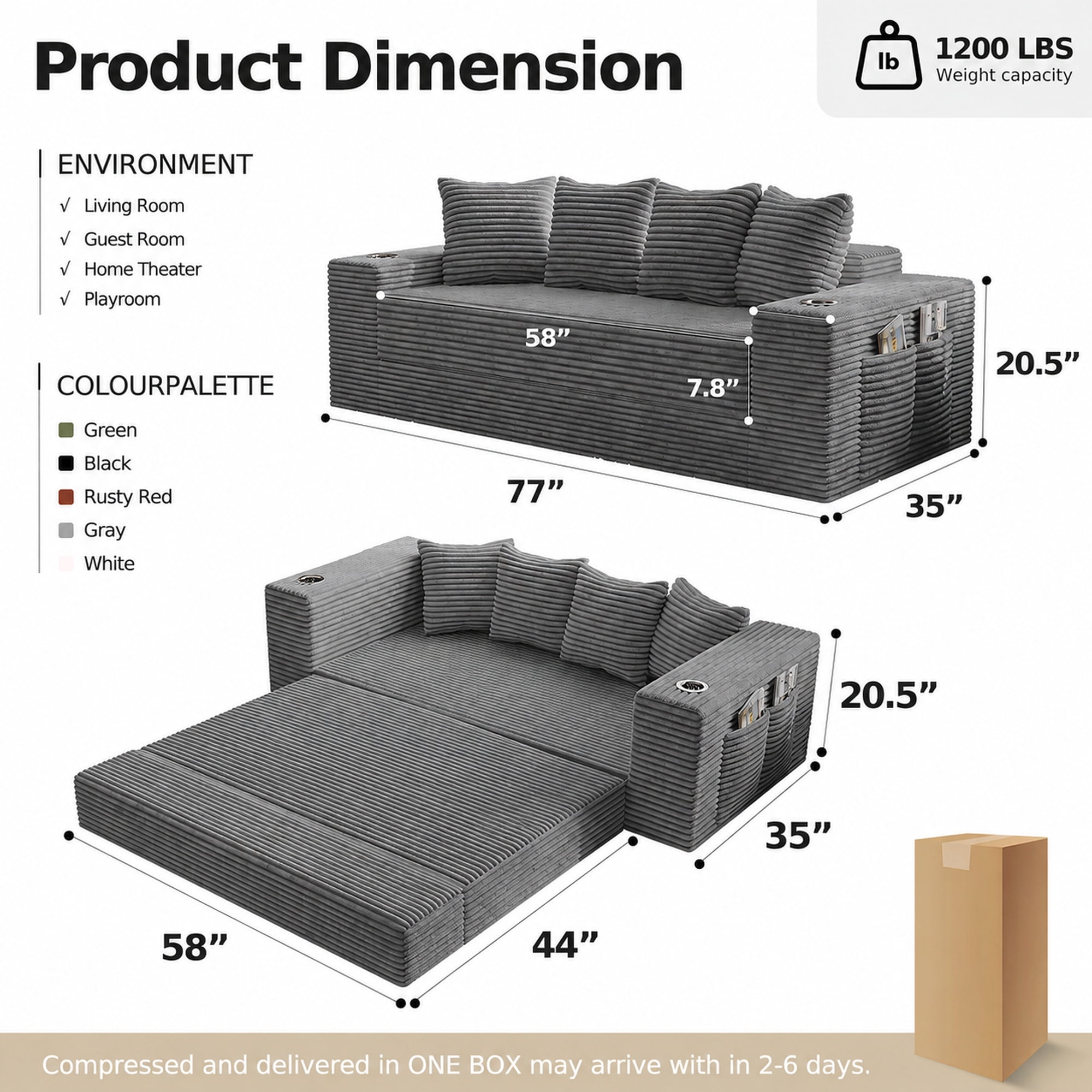 Leumius 2-in-1 Convertible Sofa Bed,Boneless Corduroy Modular Sleeper Couch with Cup Holders & Side Storage Pockets,Oversized Deep Seat Sofa for Living Room, Apartment, Guest Room,Gray