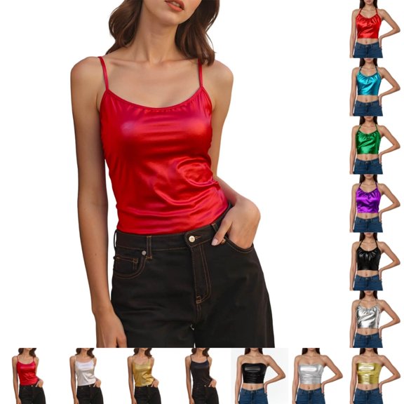 Bmisegm Tank Tops For Women Two Tone Sleeveless Sleek Spaghetti Strap Camisole Fashionable Regular Fit Stage Outfits Womens Tops Red_003 S