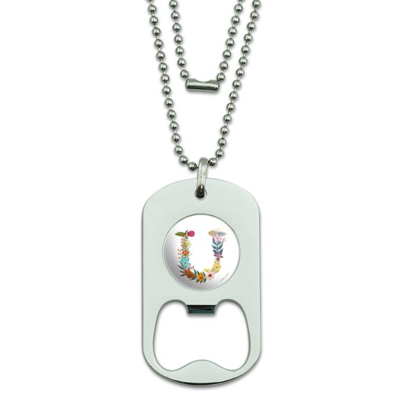 Letter U Floral Monogram Initial Military Dog Tag Bottle Opener Pendant