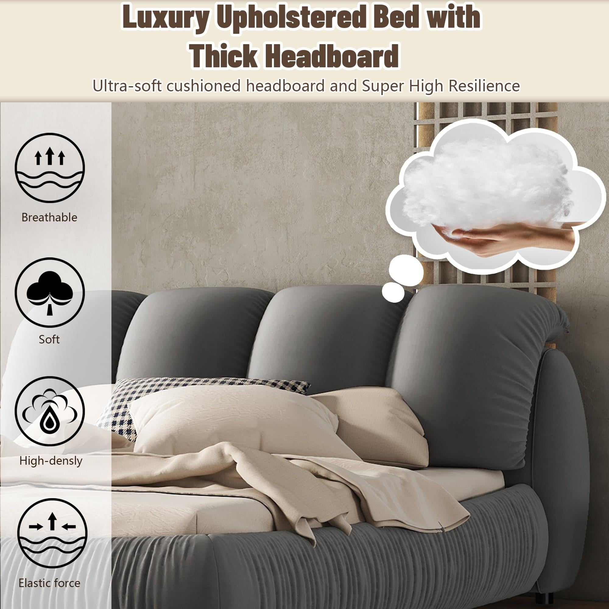 PORKISS Queen Upholstered Bed Frame with Super Soft Thick Headboard, Oversized Padded Backrest, Gray