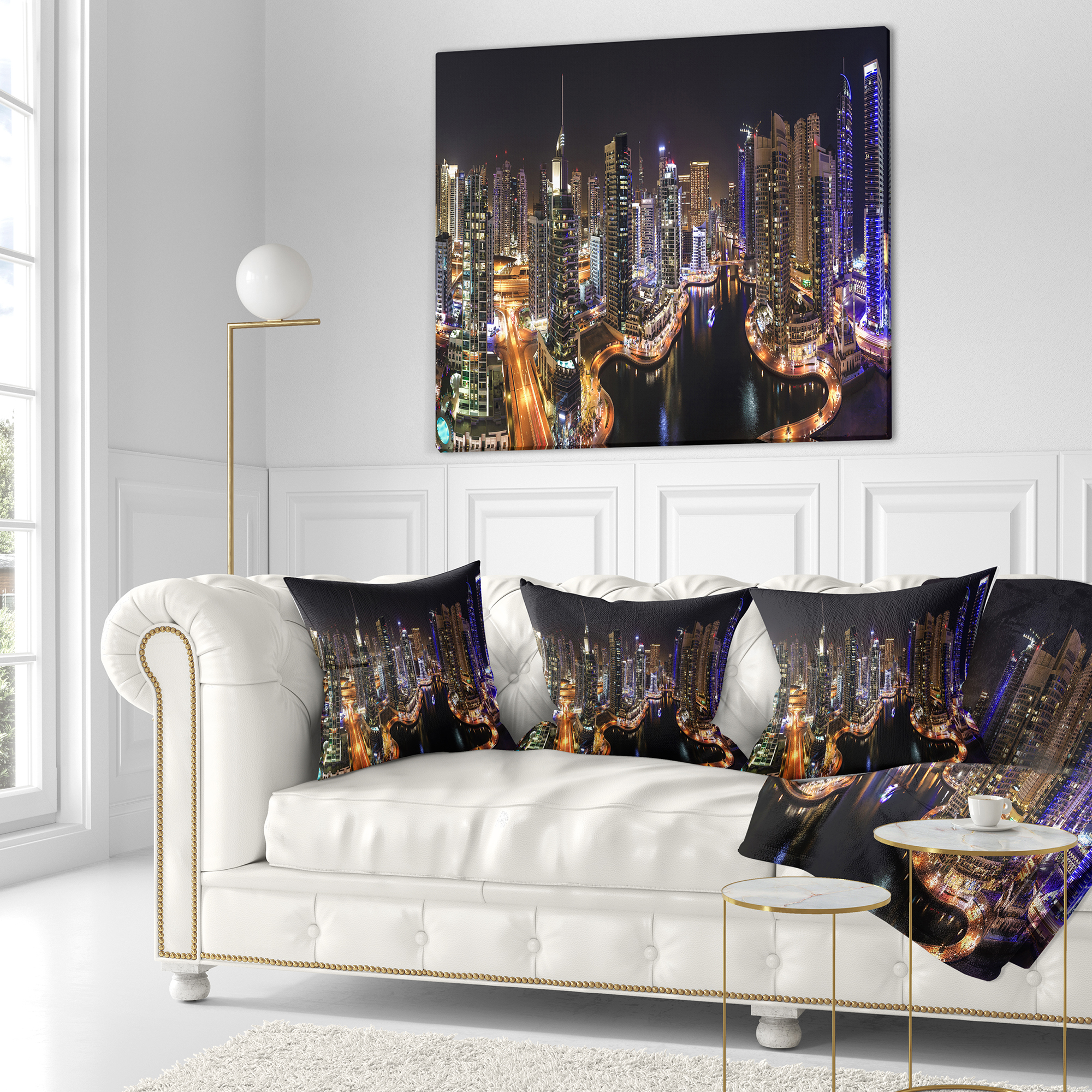 Designart Dubai Marina View at Night - Cityscape Throw Pillow - 18x18