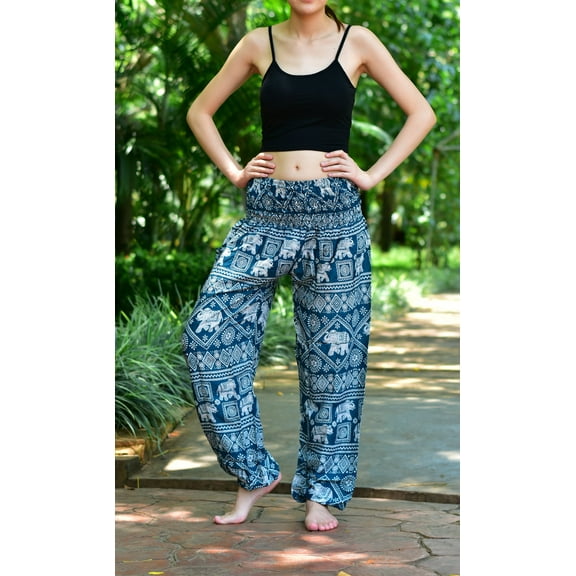 Bohotusk Turquoise Elephant Print Harem Pants Elasticated Smocked Waist S/M to 3XL
