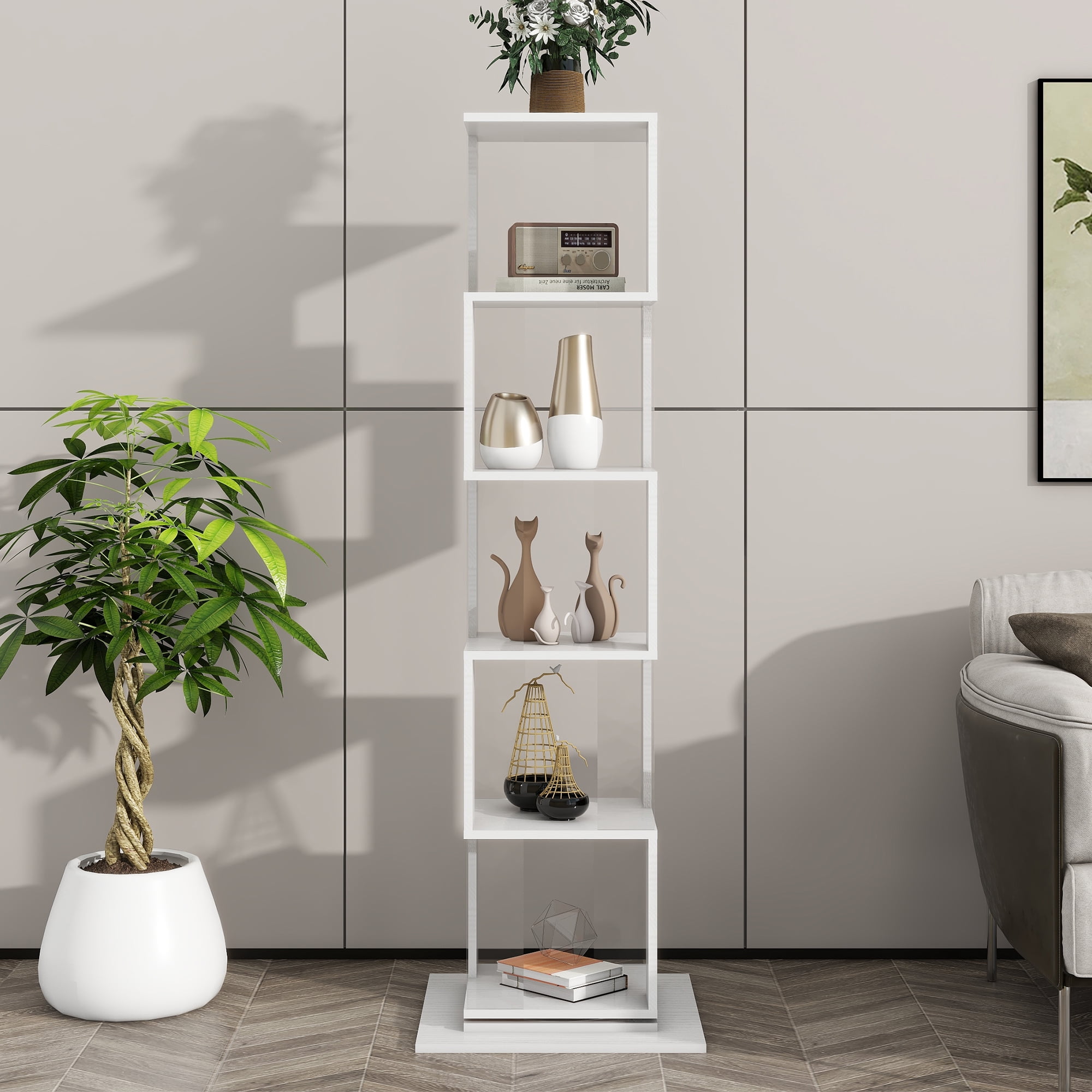 MAYEERTY 5-Tier Rotating Bookshelf, Space-Saving Bookcase with Acrylic Plate & Anti-Tipping Base