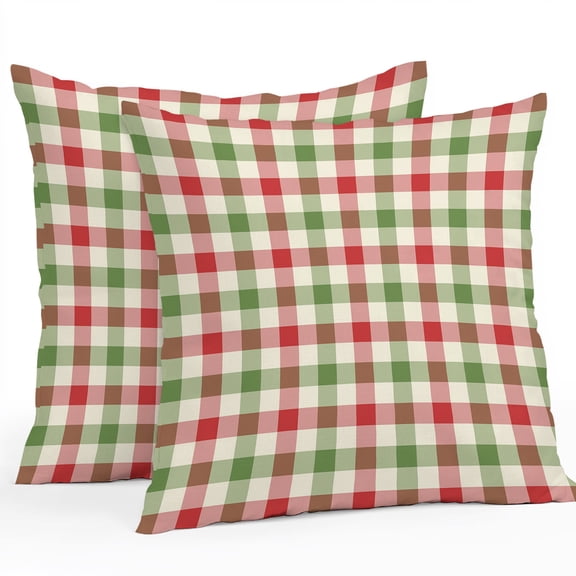 Outdoor Waterproof Throw Pillow Cover 16"x16" Pack of 2 Vintage Pastoral Red Green Buffalo Gingham Decorative Pillowcases,Square Cushion Case for Couch Patio Tent Garden,Christmas Plaid