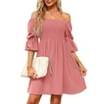 thumbnail image 6 of Babysbule Dresses For Women Ladies Solid Casual Square Neck Puff 3/4 Sleeve Smocked Chest Off Shoulder Babydoll Mini Short Dress, 6 of 9