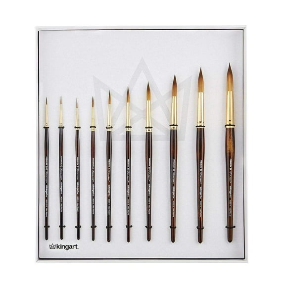 Kingart Finesse 8020 Ultra Round Kolinsky Sable Brown Synthetic Watercolor Brushes, Set of 10, All Ages