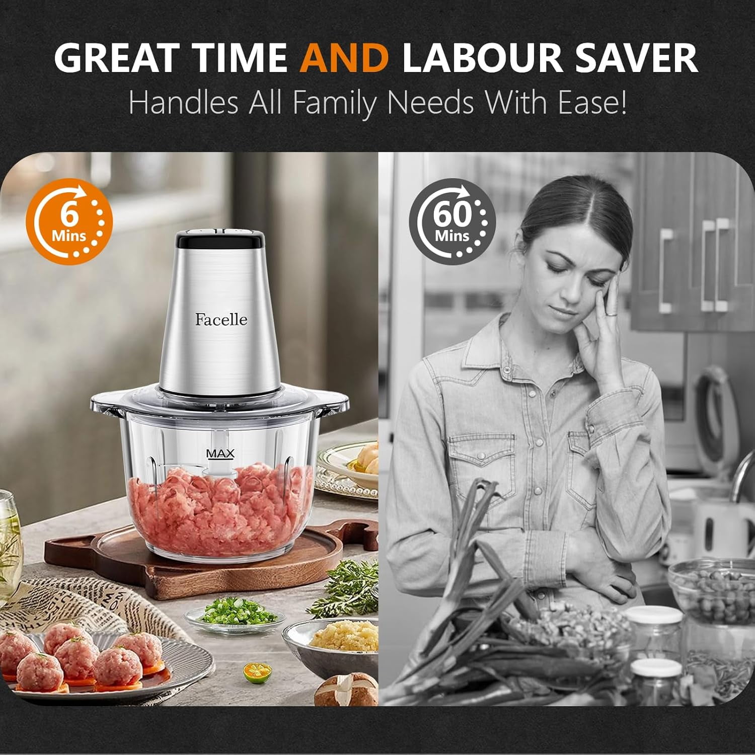 Meat Grinder 8-Cup Food Chopper Electric Vegetable Chopper 500W With 2L Glass Bowl & 4  Blades for Meat/Vegetable/Fruit/Nut/Baby Food