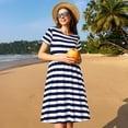 thumbnail image 4 of Easygdp Navy Blue And White Stripes para Vestido Transpirable de Mujer, Vestido Suelto de Manga Corta con Pliegues y Bolsillos para el Verano, 4 of 6