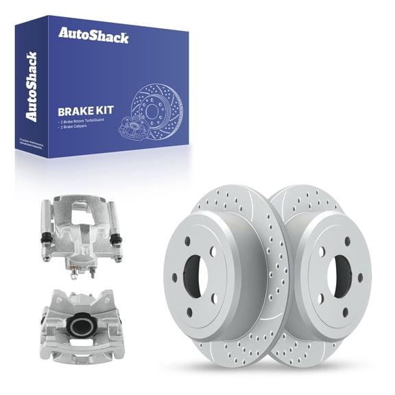 AutoShack Rear Solid Drilled & Slotted Coated Brake Rotors Silver Matte Finish   Calipers 4-PC Brake Kit Replacement for 2007-2017 Jeep Wrangler 2018 Jeep Wrangler JK TurboGuard 12.45" (316.2 mm)