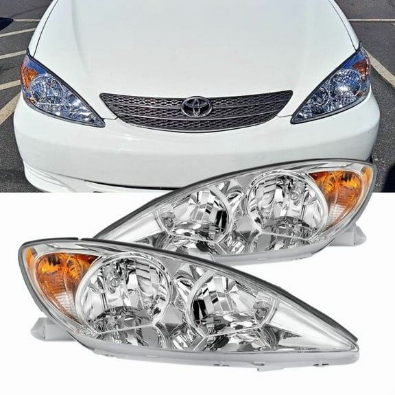 Headlights Fit for 2002-2004 Toyota Camry Headlamp Replacement Chrome Housing Clear Lens Amber Reflector Driver & Passenger Side
